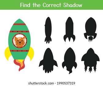 Find the correct shadow matching game with cute cat in a rocket. Space activity page for kids. Search the silhouette puzzle. Vector illustration