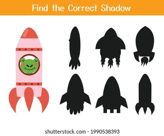 Find the correct shadow matching game with cute frog in a rocket. Space activity page for kids. Search the silhouette puzzle. Vector illustration