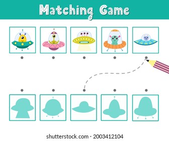 Find the correct shadow matching game with cute aliens in flying saucers. Space activity page for kids. Search the silhouette puzzle. Vector illustration