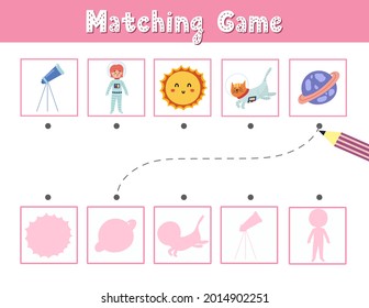 Find the correct shadow matching game with cute space characters and elements. Space activity page for kids. Search the silhouette puzzle. Vector illustration