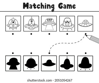Find the correct shadow matching game with cute aliens in flying saucers. Black and white space activity page for kids. Search the silhouette puzzle. Vector illustration