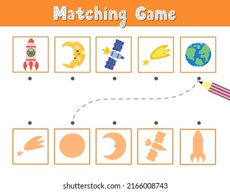 Busque el juego de coincidencia de sombras correcto con caracteres y elementos de espacio bonitos. Página de actividad espacial para niños. Busca en el rompecabezas de la silueta. Ilustración del vector