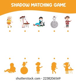Encuentra la sombra correcta. Hoja de cálculo imprimible de juego coincidente en sombra. Juego educativo para niños. La adorable profesión de los niños sueña. Archivo de ilustración de Kawaii Vector. Personajes de dibujos animados. 
