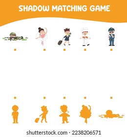 Find the correct shadow. Shadow matching game printable worksheet. Kids educational game. Cute adorable kids profession dream. Kawaii Vector illustration file. Cute cartoon characters. 