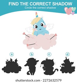 Find the correct shadow. Matching shadow game for children. Worksheet for kid. Educational printable worksheet. Vector illustration.