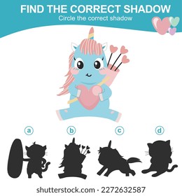 Find the correct shadow. Matching shadow game for children. Worksheet for kid. Educational printable worksheet. Vector illustration.