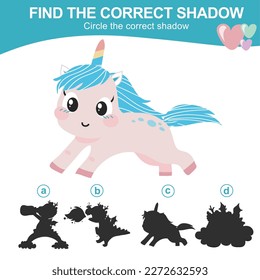 Find the correct shadow. Matching shadow game for children. Worksheet for kid. Educational printable worksheet. Vector illustration.