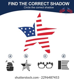 Find the correct shadow. Matching shadow game for children. Worksheet for kid. Educational printable worksheet. Vector illustration.