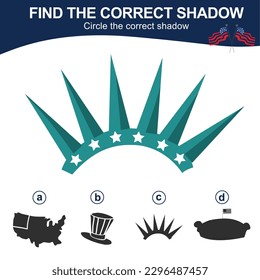 Find the correct shadow. Matching shadow game for children. Worksheet for kid. Educational printable worksheet. Vector illustration.