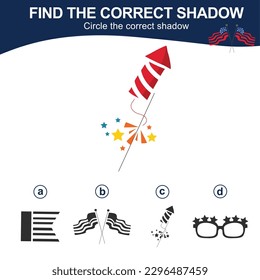 Find the correct shadow. Matching shadow game for children. Worksheet for kid. Educational printable worksheet. Vector illustration.