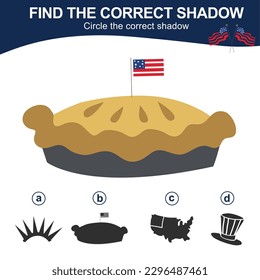 Find the correct shadow. Matching shadow game for children. Worksheet for kid. Educational printable worksheet. Vector illustration.