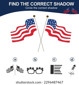 Find the correct shadow. Matching shadow game for children. Worksheet for kid. Educational printable worksheet. Vector illustration.