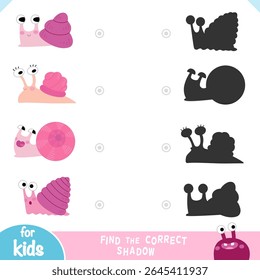 Find the correct shadow matching game for kids with cute pink cartoon snails. Vector illustration for preschool children learning activities. Fun and simple printable page.