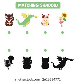 Find the correct shadow. Matching image with shadow. Worksheet for kid. Educational printable worksheet.