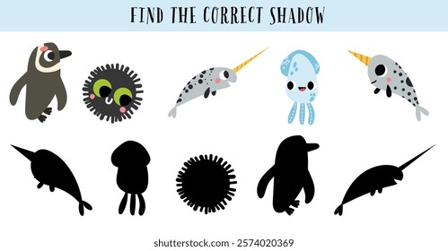 Find the correct shadow maze game puzzle exercise for kids. Educational illustration printable page.