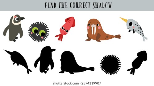 Find the correct shadow maze game puzzle exercise for kids. Educational illustration printable page.