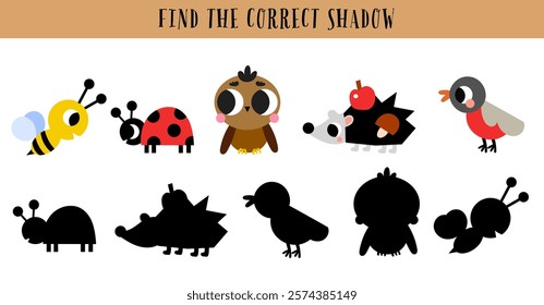 Find the correct shadow maze game puzzle exercise for kids. Forest animal, birds educational illustration printable page.