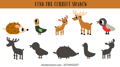 Find the correct shadow maze game puzzle exercise for kids. Forest animal, birds educational illustration printable page.