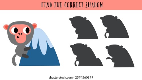 Find the correct shadow maze game puzzle exercise for kids. Monkey ape gorilla on mountain educational illustration printable page.