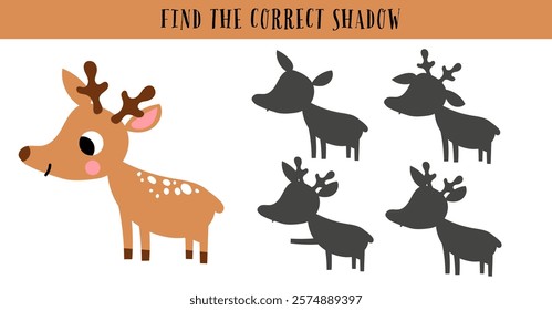 Find the correct shadow maze game puzzle exercise for kids. Forest deer antler childish cub educational illustration printable page.