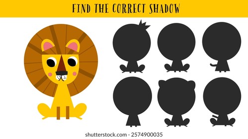 Find the correct shadow maze game puzzle exercise for kids. Lion feline cat africa safari creature educational illustration printable page.