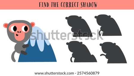 Find the correct shadow maze game puzzle exercise for kids. Monkey ape gorilla on mountain educational illustration printable page.