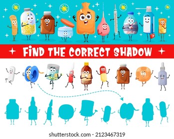 Find the correct shadow maze worksheet of cartoon vector drugs, pill and medication characters. Kids education puzzle game or quiz with silhouettes of drops and spray bottles, capsules, pills, plaster