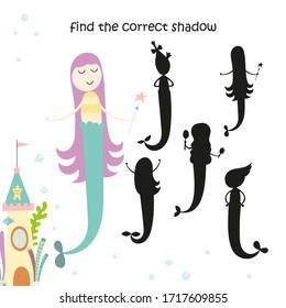 Find correct shadow of mermaid. Logic games for kids. Little mermaid. Vector illustration.