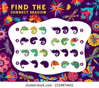 Find the correct shadow of mexican chameleons kids riddle game worksheet. Kids puzzle, logical exercise with matching task. Child find shadow educational riddle, game vector page with mexico lizard