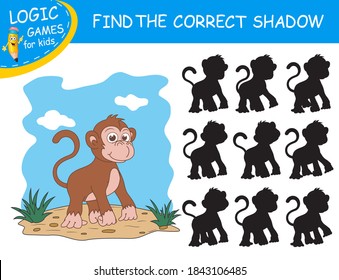 Find the correct shadow the Monkey. Cute cartoon Ape on colorful background. Education matching game for child with fun character. Logic Games for Kids with answer. Learnig card for child kindergarten