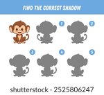 Find correct shadow of monkey. Educational logical game for children. Cute cartoon animal character. Chimpanzee. Vector