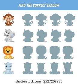 Find the correct shadow of the monkey, elephant, lion and hippopotamus. Educational logic game for children. Cute animal cartoon characters. Vector illustration
