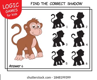 Find the correct shadow Monkey. Task with answer. Cute cartoon Ape. Learning matching game for child with fun animal. Logic Games for Kids. Education card with task for child school or kindergarten.
