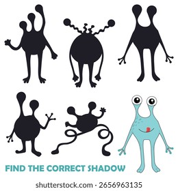 Find the correct shadow of monster. Education game for children to find matches. Cute vector illustration
