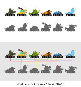 Find correct shadow. Monster Truck animal. Cartoon car beast on big wheels. kids game vector illustration