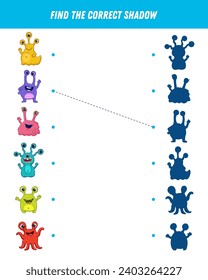 Find correct shadow of monsters, aliens. Educational logical game for kids. Space creature. Vector 