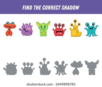 Find correct shadow of monsters, aliens. Educational logical game for kids. Space creature. Vector 