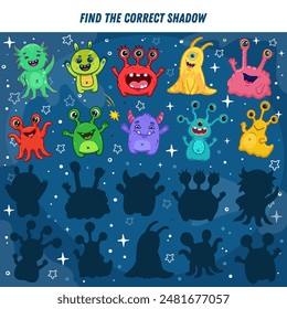 Encuentra la sombra correcta de los monstruos, extraterrestres. Juego lógico educativo para los niños. Criatura espacial. Vector 