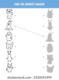 Find correct shadow of monsters, aliens. Educational logical game for kids. Halloween game. Coloring page. Space creature. Vector 
