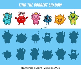 Find correct shadow of monsters. Educational logical game for kids. Cartoon monster. Vector