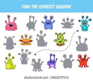 Find correct shadow of monsters. Educational logical game for kids. Cartoon monster. Vector illustration