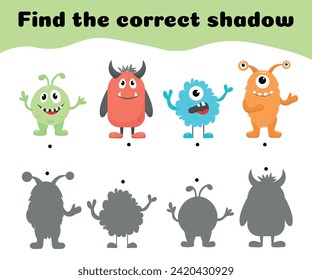 Find correct shadow of monsters. Educational game for children. Shadow matching game. Mindfulness activity for kids: aliens and silhouettes.Vector illustration.