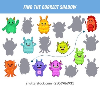 Find correct shadow of monsters. Educational logical game for kids. Cartoon monster. Halloween game. Vector illustration