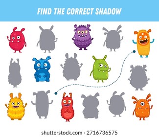 Encuentra la sombra correcta de los monstruos. Juego de lógica educativa para niños. Monstruo de dibujos animados. Juego de Halloween. Ilustración vectorial