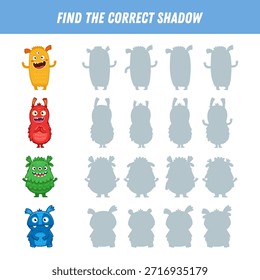 Encuentra la sombra correcta de los monstruos. Juego de lógica educativa para niños. Monstruo divertido de dibujos animados. Ilustración vectorial