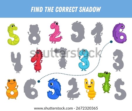 Find correct shadow of monsters. Educational logical game for kids. Cartoon monster digits. Halloween game. Vector illustration
