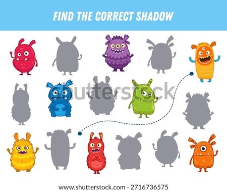 Find correct shadow of monsters. Educational logical game for kids. Cartoon monster. Halloween game. Vector illustration