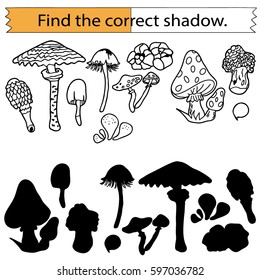 Find the correct shadow. Mushrooms.  Educational game for children. Black and White.