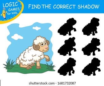 Find the correct shadow the Mutton. Cute cartoon Sheep on colorful background. Educational matching game for child with fun character. Logic Games for Kids. Learnig card for kindergarten or school.