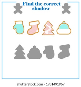 Find the correct shadow. New Year. Education worksheet. Matching game for kids. Color activity page. Puzzle for children.